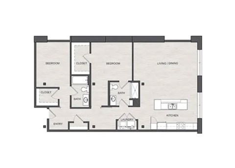 A floor plan of a house with two bedrooms, a living/dining area, a kitchen, a laundry room, and an entry point.